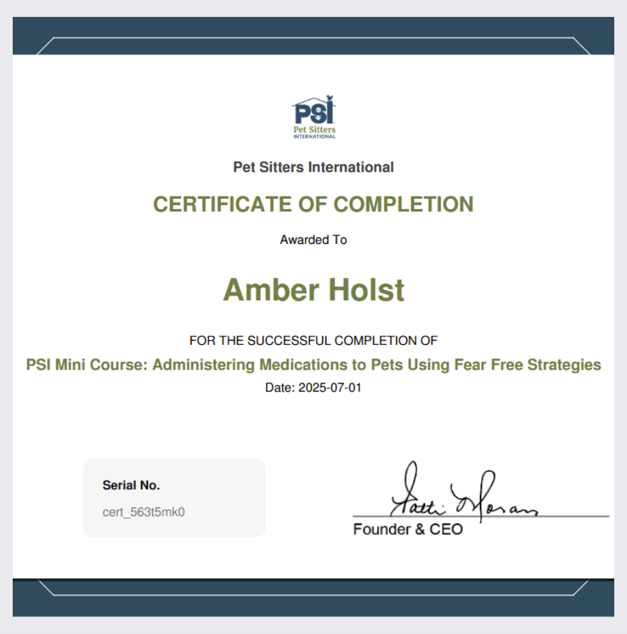 Administering Medications to Pets Using Fear Free Strategies certificate awarded to Amber Holst.
