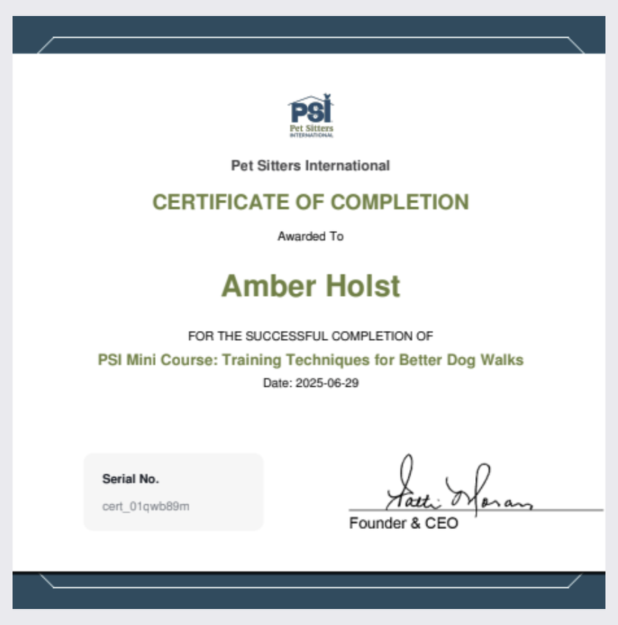 Training Techniques for Better Dog Walks certificate awarded to Amber Holst.