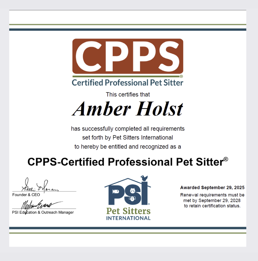 Certified Professional Pet Sitter certificate awarded to Amber Holst.