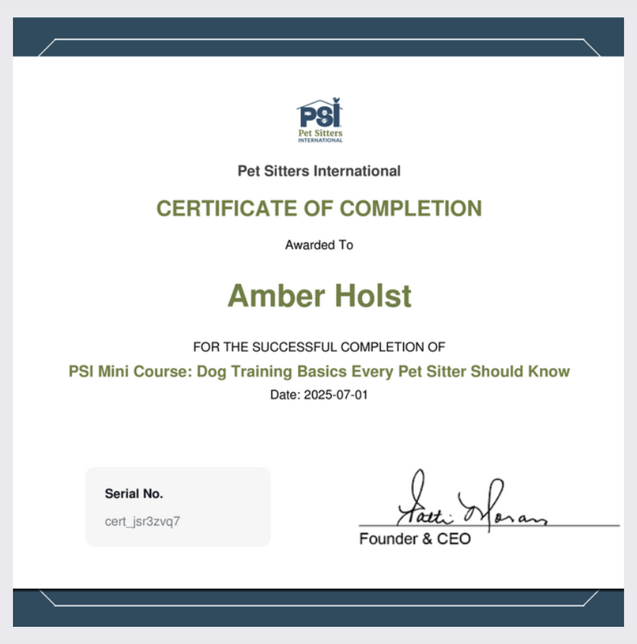 Dog Training Basics Every Pet Sitter Should Know certificate awarded to Amber Holst.