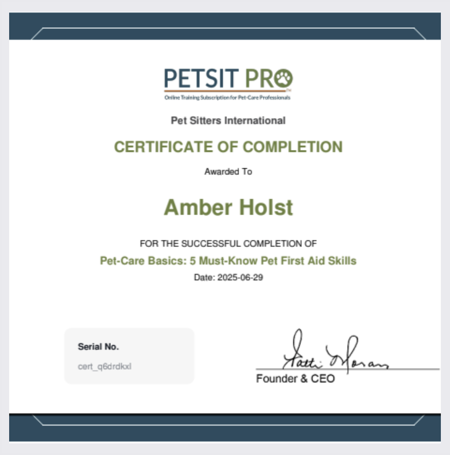 5 Must-Know Pet First Aid Skills certificate awarded to Amber Holst.
